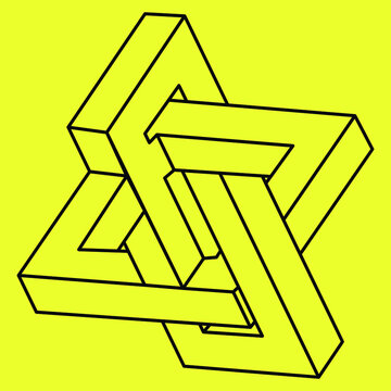 Impossible geometric shape in the style of linear contours. Emblem logo, monochrome trendy geometric illustration. Vector hipster element. Optical illusion object. Optical art. Line art. 3d shape.