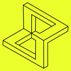 Impossible shapes. Sacred geometry. Optical illusion shape. Abstract eternal geometric object. Impossible endless outline object. Optical art. Impossible geometry shape on a yellow background. Vector.