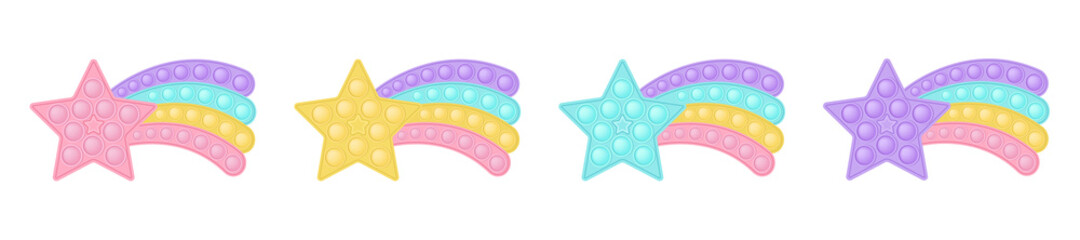 Set of popit stars with a rainbow tail in style a fashionable silicon fidget toys. Antistress toy in pastel colors - pink, blue, yellow, purple. Bubble sensory pop it. Isolated vector illustration. - obrazy, fototapety, plakaty