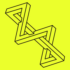 Impossible shapes. Sacred geometry. Optical illusion figures. Abstract eternal geometric objects. Impossible endless outline shapes. Op art. Impossible geometry shape on a yellow background. Line art.