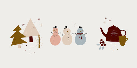 modern boho hygge minimalism. merry christmas and new year. winter stickers for design. vector set of christmas elements.