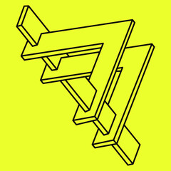 Impossible shapes. Sacred geometry object. Optical illusion. Abstract eternal geometric object. Impossible endless outline shapes. Op art. Impossible geometry shape on a yellow background. Line art.