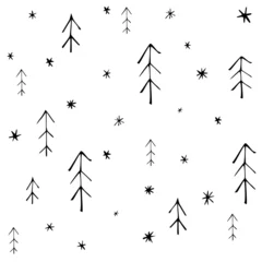 Keuken foto achterwand Uit de natuur Naadloze patroon met kerstbomen in Scandinavische stijl op besneeuwde achtergrond. Eenvoudige minimalistische achtergrond voor web, pint, behang, inpakpapier, textiel, scrapbooking.