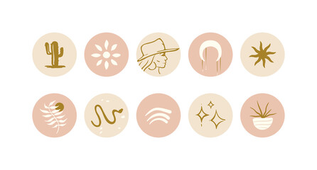 Abstract highlight covers in bohemian style. Minimalistic boho icon set. Social media story covers in light pastel colors. Vector mystical symbols. Flat natural design elements.