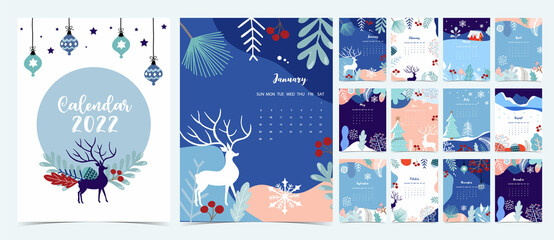 2022 table calendar week start on Sunday with winter,landscape that use for vertical digital and printable A4 A5 size