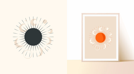 Abstract contemporary illustration on a light background. Dark sun and phases of the lunar cycle. Esoteric flat vector boho concept perfect for print and web.
