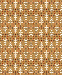 Seamless pattern with firs and flowers in scandinavian folk style. Pixel emboidery effect. Stock illustration for web and print, wallpaper, background, textile, scrapbooking and wrapping paper.