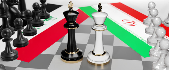 Iraq and Iran conflict, clash, crisis and debate between those two countries that aims at a trade deal and dominance symbolized by a chess game with national flags, 3d illustration