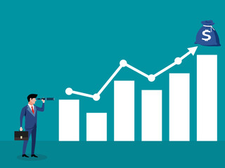 A businessman stands looking at a graph using a telescope and a bag of money on top of an arrow. growing business idea