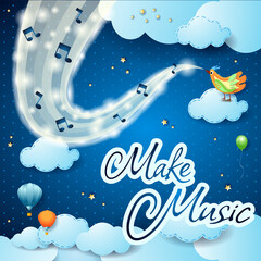 Make music, fantasy illustration on sky background with bird and song. Vector eps10