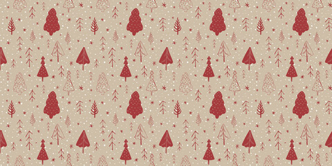Seamless pattern with trees and snowflakes. Winter and christmas mood, scandinavian minimalism, hand drawn doodle style for web, print, textile, background, wrapping paper, wallpaper. 