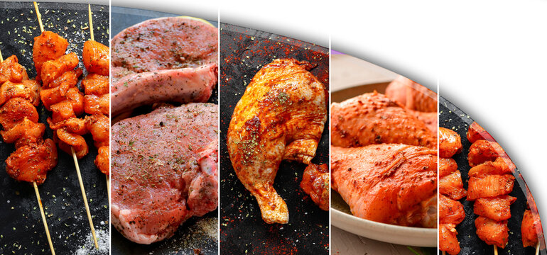 Raw meat collage. Food collage. Copy space. Banner of raw chicken.