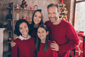 Photo of sweet adorable brother sister husband wife embracing celebrating noel smiling indoors room home house