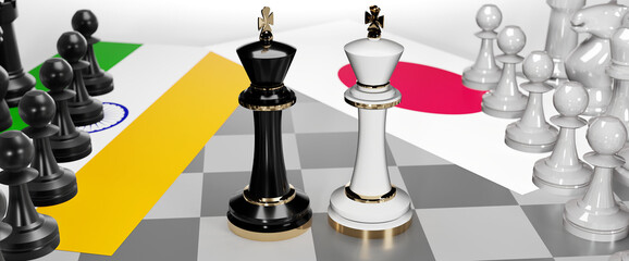 India and Japan conflict, clash, crisis and debate between those two countries that aims at a trade deal and dominance symbolized by a chess game with national flags, 3d illustration