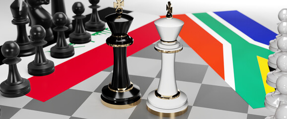 Iraq and South Africa conflict, clash, crisis and debate between those two countries that aims at a trade deal and dominance symbolized by a chess game with national flags, 3d illustration
