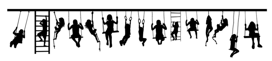 Children ride on swings, on rings, climb on a tightrope. Vector illustration