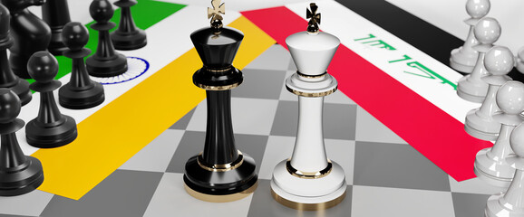 India and Iraq conflict, clash, crisis and debate between those two countries that aims at a trade deal and dominance symbolized by a chess game with national flags, 3d illustration