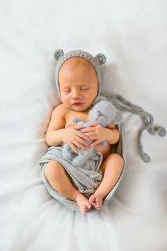 Sleeping newborn boy in a gray suit with ears and a toy in his hands