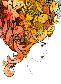 portrait of an autumn woman. hairstyle from berries and leaves. fall hand drawn illustration in yellow-orange colors with watercolors. for a poster, banner, card, catalog, booklet, magazine cover