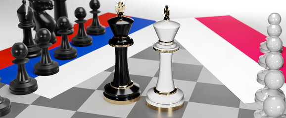 Russia and Poland conflict, clash, crisis and debate between those two countries that aims at a trade deal and dominance symbolized by a chess game with national flags, 3d illustration