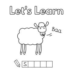 Cartoon sheep learning game for small children - color and write the word. Vector coloring book pages for kids
