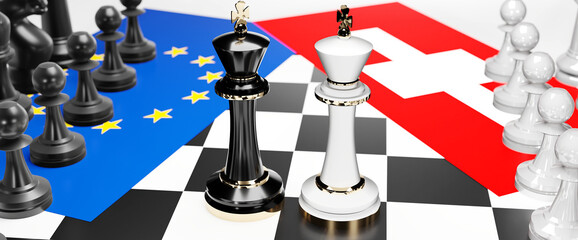 EU Europe and Switzerland conflict, clash, crisis and debate between those two countries that aims at a trade deal and dominance symbolized by a chess game with national flags, 3d illustration