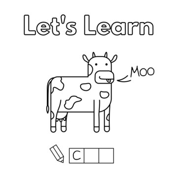 Cartoon cow learning game for small children - color and write the word. Vector coloring book pages for kids