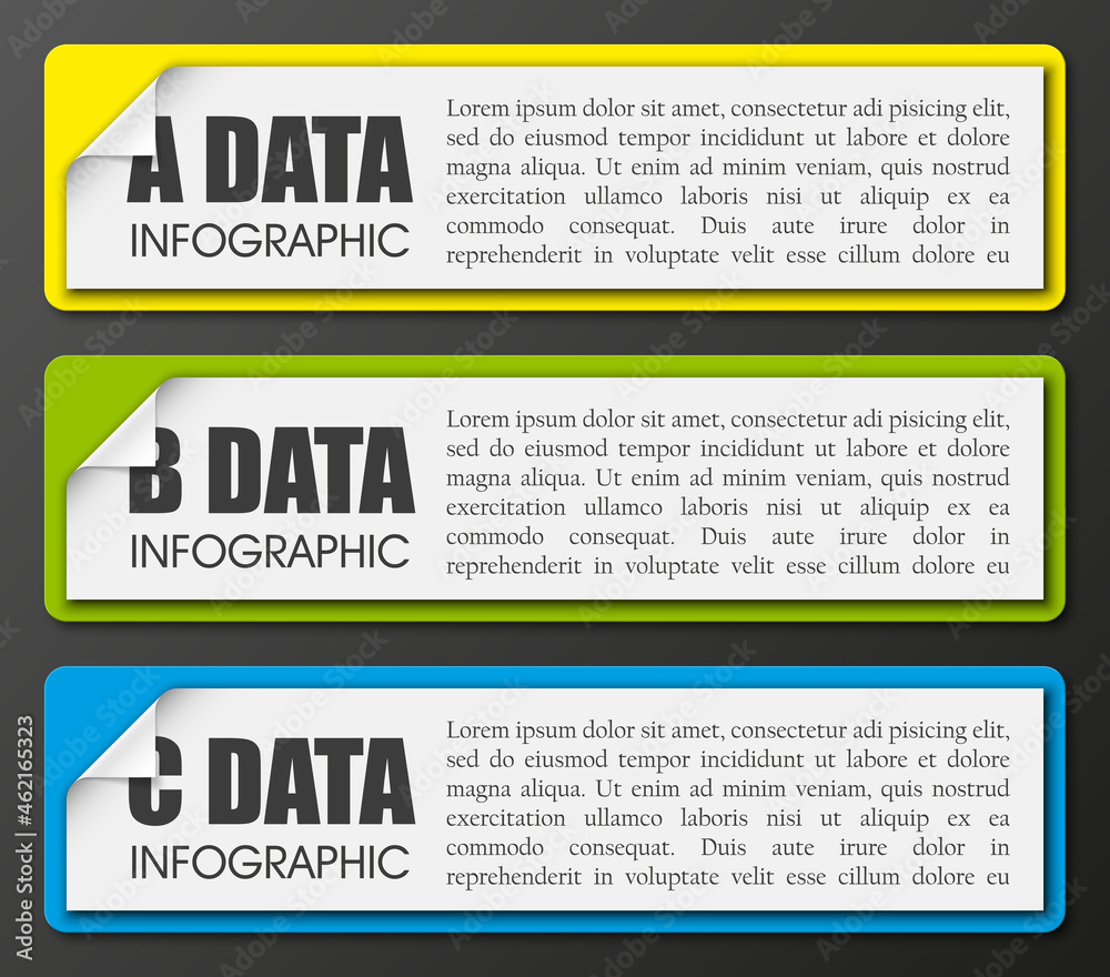 Poster Information infographic statistic vector presentation. Graphic composition for your business presentations. Three glossy strip for your annotations. 3 color sticker for registration of proposals