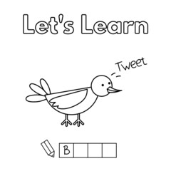 Cartoon bird learning game for small children - color and write the word. Vector coloring book pages for kids