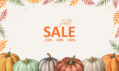 Watercolor fall sale background with pumpkins and autumn pied foliage