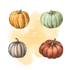 Variety Pumpkins watercolor Thanksgiving Card. Happy Thanksgiving Background, template