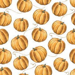 Watercolor pumpkins seamless pattern. Autumn harvest wallpaper. Thanksgiving, Halloween background	