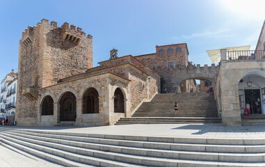 View at the Torre Bujaco, Arco de la Estrella and other heritage buildings on Plaza Mayor in Cáceres city downtown