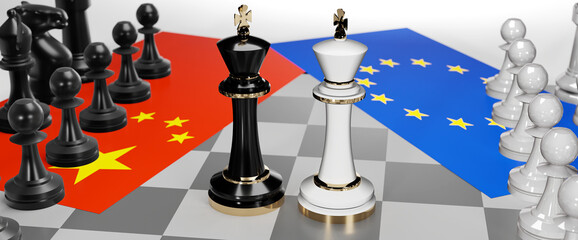 China and EU Europe conflict, clash, crisis and debate between those two countries that aims at a trade deal and dominance symbolized by a chess game with national flags, 3d illustration