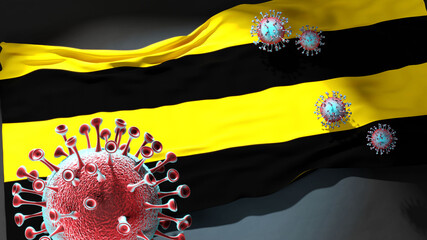 Covid in Workum - coronavirus attacking a city flag of Workum as a symbol of a fight and struggle with the virus pandemic in this city, 3d illustration