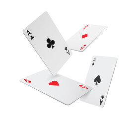 Flying aces playing cards isolated four poker game objects, realistic 3D gambling games symbols set. Vector clubs and spaces, hearts and diamonds casino poker card, black and red suits