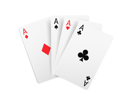Playing cards, cartoon four aces poker game sign isolated realistic set 3D gambling games symbols. Vector black and red suits, clubs and spaces, hearts and diamonds casino poker card