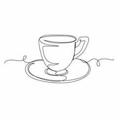 Continuous one line drawing of a coffee tea cup in silhouette on a white background. Linear stylized.