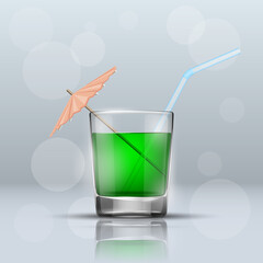 Glass cold drink alcohol & straw. Bright soda & umbrella. A glass of lemonade or fruit juice with umbrella. Cold iced tea. Bar with a glass of cocktail fizzy water drink with straw
