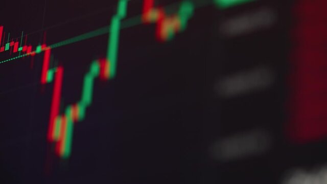 Stock exchange bar chart. Close up of decrease and increase bitcoin graph on screen. Cryptocurrency candlestick graph data. Analysing price change cryptocurrency. Economic and business concept.
