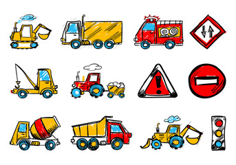 Child's hand draw car element.Funny colored cartoon Doodle.A set of various machines in the vector.Design template,illustration