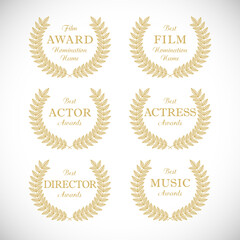 Set of movie awards. Isolated abstract graphic design template. Elegant olive emblems. Luxury stroke frames. Celebration success decoration. Film industry and entertainment arts creative icons.