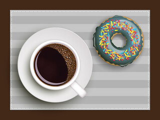 Cup of coffee on warfare dish, donut in glaze. Breakfast image, top view. Morning drink with sweetness. Hot coffee cup on white platter, donut glaze. Light snack top banner. Still life dessert