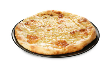 Delicious khachapuri with cheese on white background