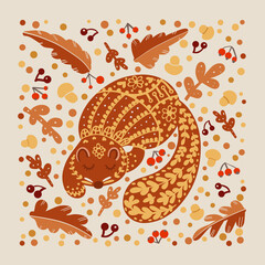 Autumn pattern with cat or raccoon with leaves, berries and mushrooms in yellow-orange colors. Folk art doodle illustration of animal.Square card with detailed cat, floral decoration, abstract elemet
