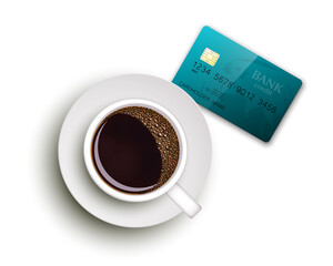 Obraz na płótnie Canvas Cup of coffee on warfare dish, bank chip card. Breakfast image, top view. Morning drink coffe and plastic credit card. Hot coffee cup on white platter, debit card top banner. cashless payment