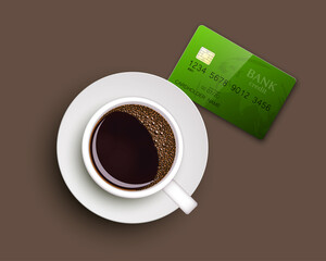 Cup of coffee on warfare dish, bank chip card. Breakfast image, top view. Morning drink coffe and plastic credit card. Hot coffee cup on white platter, debit card top banner. cashless payment