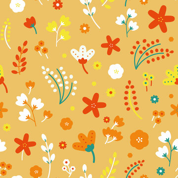 Vector Cheerful Folklore Florals seamless pattern background design. Perfect for scrapbooking, fabrics and web design projects.