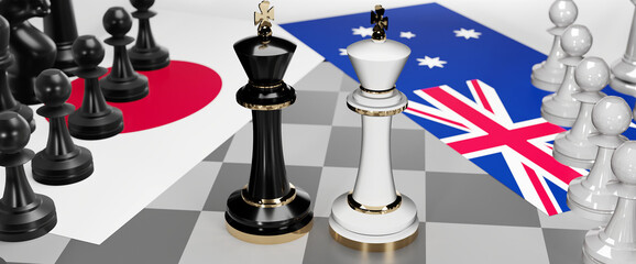 Japan and Australia conflict, clash, crisis and debate between those two countries that aims at a trade deal and dominance symbolized by a chess game with national flags, 3d illustration