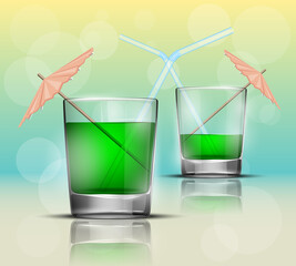 Glass cold drink alcohol & straw banner. Summer Bright soda cocktail & umbrella. Glass lemonade fruit juice umbrella summer banner. Cold iced tea Bar with glass cocktail fizzy water drink straw banner